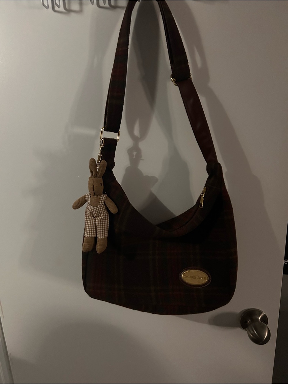 Plaid Shoulder Hobo Bag with Bunny Charm